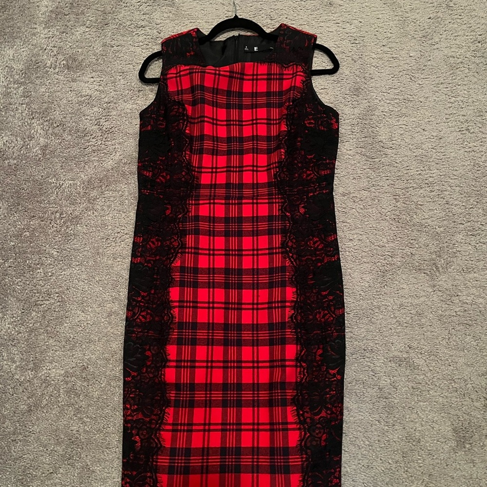 Leslie Fay Red and Black Checkered Midi Dress